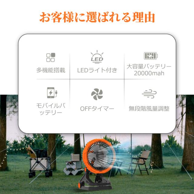 扇風機 クリップ 首振り サーキュレーター キャンプ用 充電式扇風機 20000mAh 車用 吊り下げ サーキュレーター クリップファン 360 回転 ライト付き 4段点灯・調色 多機能扇風機 キャンプ アウトドア用 コードレス タイマー 自動オフ機能 DCモーター BBQ お釣り 防災道具