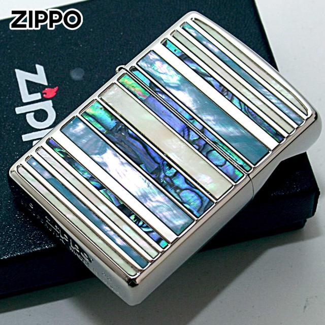 Zippo ジッポライター シェル 貝 インレイ 象嵌 ボーダー シルバー SHELL BORDER SV 1201S833 メール便専用商品