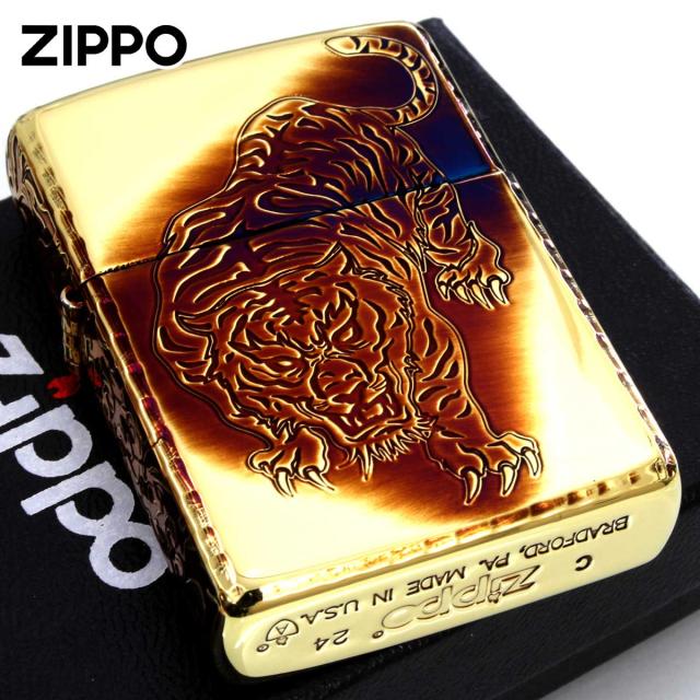 Zippo ジッポライター アーマー 鯉 タイガー 虎 唐草 アラベスク ARMOR 5面デザイン ブラスいぶし ゴールドタンク 虎 メール便専用商品