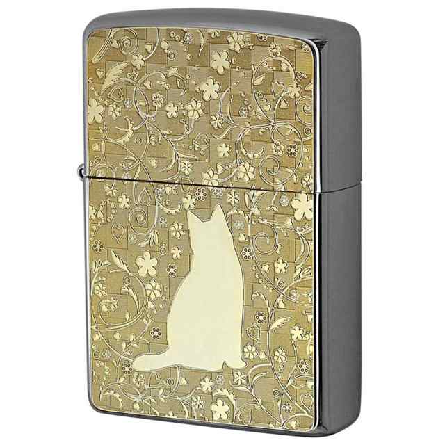 Zippo ジッポライター ネコ 猫 Cat 花 ゴールドプレート ＃200 メタルプレート 両面加工 ニッケルメッキ 2MP-ネコと花 プレゼント 贈り物 女性 かわいい メール便可の通販は