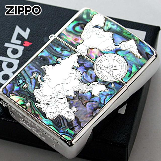 Zippo ジッポライター シェル 貝 インレイ 象嵌 ワールドマップ 銀メッキ Shell World Map Silver Plate S メール便専用商品