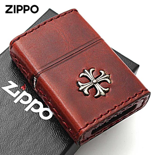 Zippo ジッポライター 牛革巻き クロス 十字架 Cross ダメージレッド クロス 手縫い 2CM-3RD メール便専用商品