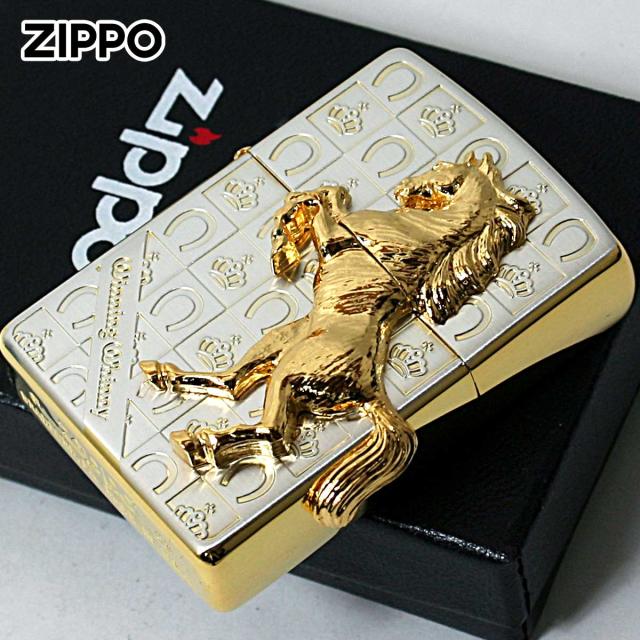 Zippo ジッポライター 馬 ホース 2面連続メタル ウイニング ウィニー グランドクラウン サテン ゴールド SG メール便専用商品