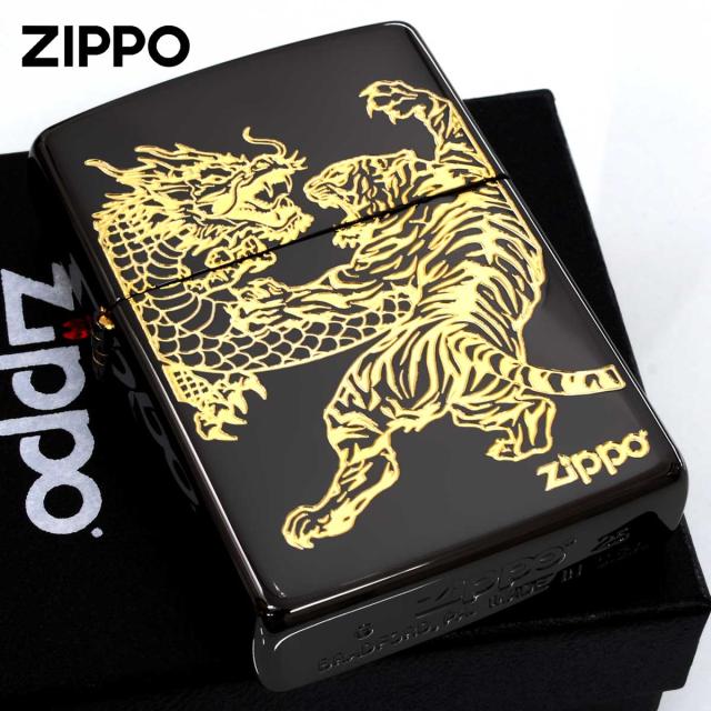 Zippo ジッポライター 龍虎 タイガー ドラゴン 虎 龍 ブラック 黒金 メール便専用商品