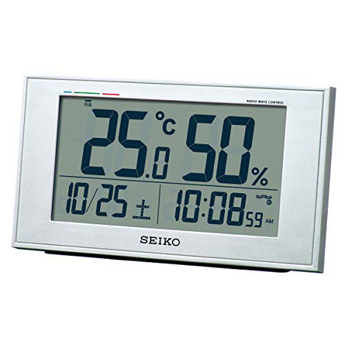 セイコークロック 置き時計 目覚まし時計 電波 デジタル カレンダー 快適度 温度湿度表示 銀色メタリック 本体サイズ:8.5×14.8×5.3