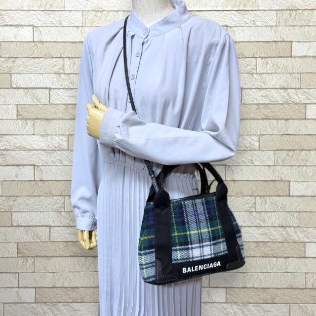 バレンシアガ タータンチェック柄 ネイビーカバXS ショルダーバッグ ウール 390346 グリーン レディース BALENCIAGA 中古 R&Kリサイクルキング_1