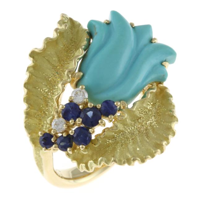 【作家】松井久子 フラワー リング 指輪 11号 18金 K18イエローゴールド トルコ石 サファイア 0.43ct レディース   中古  R&Kリサイクルキングの通販は