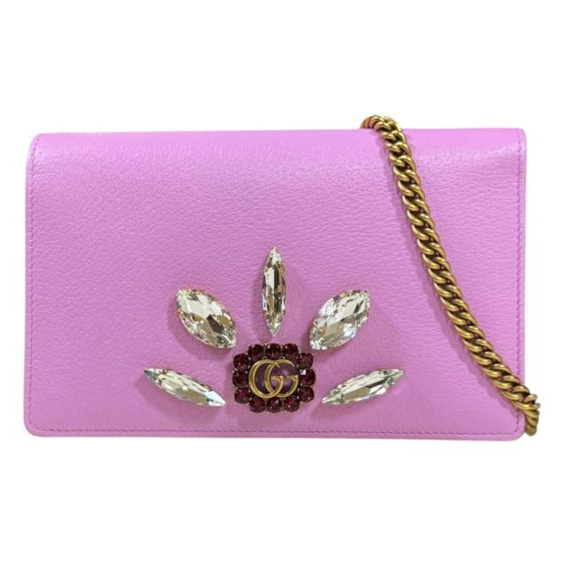 グッチ クリスタルビジュー GGマーモント ショルダーバッグ レザー 499782 ピンク レディース GUCCI  中古 R&Kリサイクルキング