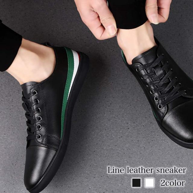 スニーカー メンズ ライン入りレザースニーカー ホワイト 靴 ハイカット 身長UP 白 おしゃれ シークレットシューズ 夏 防水 秋 軽量 黒 ランニング 赤 ローカット ブーツ 厚底 革 ウォーキング 高い 冬 春 結ばない レザー 4E 靴紐 幅広 ブラック かかとなし 疲れないの通販は