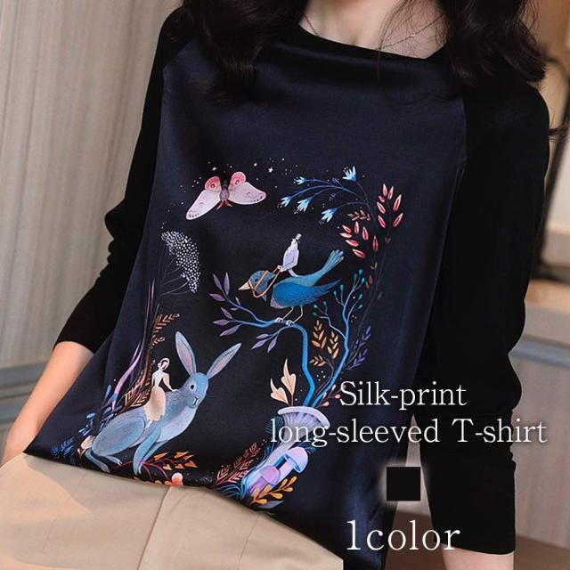 Tシャツ レディース シルクプリント長袖Tシャツ ゆったり ブランド 春 キャンバー コーデ 綿 ブラック ブラウス 40代 カットソー カジュアル ロング かわいい トレーナー 冬 厚手 人気 ティーシャツ Vネック 無地 秋 大人 長袖 暖かい おしゃれ シャツ ロゴ スポーツの通販は