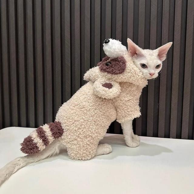 「送料無料」猫服 猫ウェア ペット服 ネコ アライグマパジャマ スフィンクス デボンレックス アライグマ模様 猫変装 猫コスプレ パジャマ 柔らかい 保温性よい 秋 冬 厚手 防寒 かわいい 送料無料 アライグマ柄 パジャマ 綿服 スフィンクス猫 変装 冬対策 厚手 猫服だけ