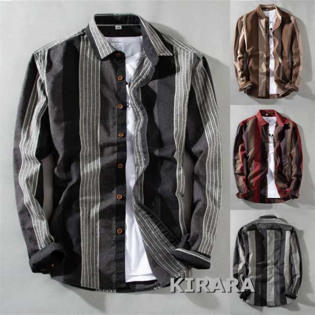 ストライプシャツ メンズ 長袖 カジュアル 春秋服 ボタンダウン ビジネスシャツ トップス 通勤 通学 スリム 細身 お兄系 フォーマル おしの通販は