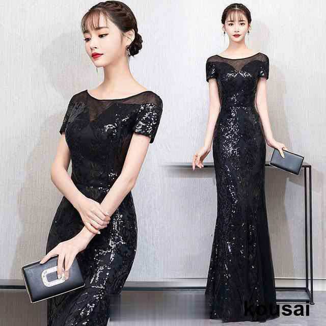 ブラック マーメイドドレス スパンコール ドレス キラキラ イブニングドレス スリット 黒 発表会ドレス ロング パーティードレス マの通販は