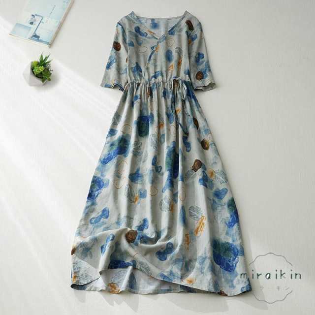 リゾートワンピース ロング 夏 レディース 半袖 リネンワンピース 民族風 綿麻風 5分袖 vネックaライン リボン付き エスニック プリントの通販は 5,092円