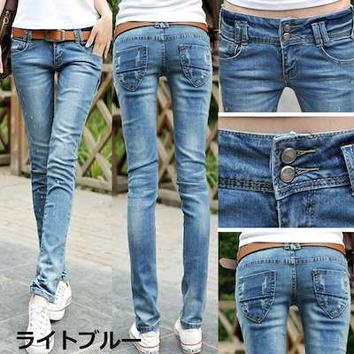 レディースデニムパンツスキニーパンツストレッチジーンズダメージロング丈ジーンズ美脚ローライズボトの通販は