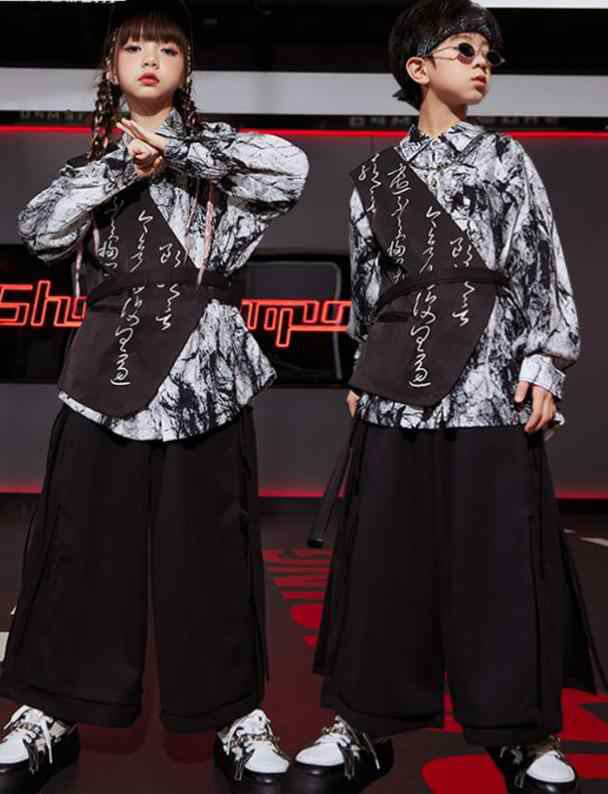 子供 ダンス衣装 キッズ ユニセックス ヒップホップ ジャズ ストリートダンス衣装 2点 3点セット 水墨 白黒 総柄 シャツ 長袖 半袖 ゆっの通販は