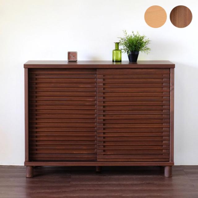 シューズラック 幅116 完成品 靴箱 玄関収納 木製 下駄箱 キャビネット 棚 和モダン ルーバー 引き戸 おしゃれ アルダー材(代引不可)【送 35,685円