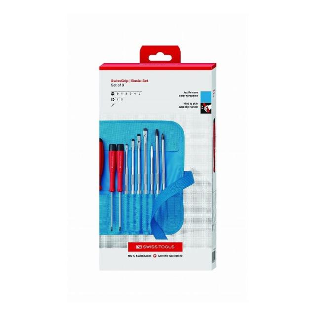 ピービ—スイスツールズ 9本組 スイスグリップ 差替式ドライバーセット ロールケース(ターコイズ)付 ペーパーBOX入 8218TUCBB(代引不可)