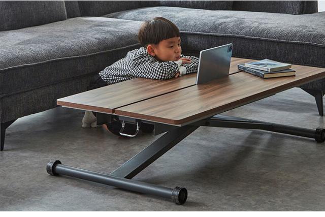 折りたたみ式天板付き 昇降テーブル/ローテーブル 〔ナチュラル〕 幅120cm スチール製脚付き〔組立品〕〔代引不可〕 折りたたみ式天板付き 昇降テーブル⁄ローテーブル 〔ナチュラル〕 幅