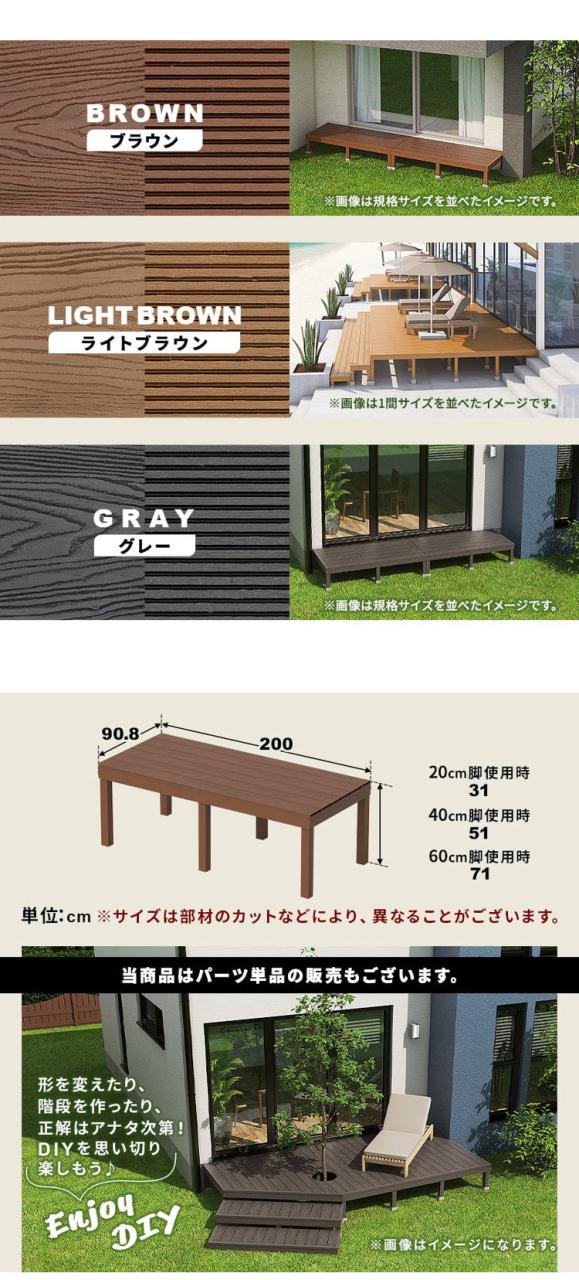 デッキ 人工木 [200×90.8cm] 人工木デッキ ガーデニング テラス 簡易タイプ DIY キット 庭 ガーデンデッキ ステージ 縁台 エクステリア オープンテラス 組み立て DIYセット 水洗いOK 高さ20~60cm(代引不可)【送料無料】_2