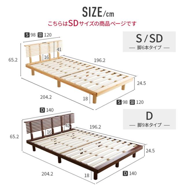 コンセント付きすのこベッド セミダブル グリッド 2個口コンセント付き 宮棚付き パイン材 天然木フレーム(代引不可)【送【送料無料】_19