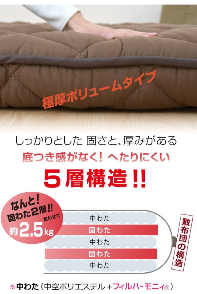 極厚日本製敷布団 5層構造 シングルロング 抗菌 防ダニ 防臭 速乾 東洋紡フィルハーモニー綿使用 底付き感なし ほこりが出にくい オゾン加工 除菌 防臭 国産 圧縮梱包 敷布団 布団(代引不可)_3