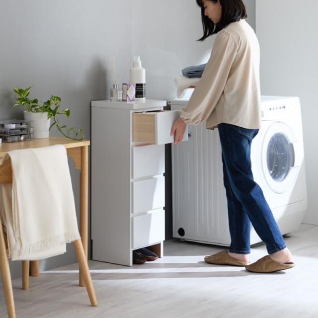 ランドリー収納 完成品 国産 幅30cm 薄型 ロータイプ 収納 隙間収納 ランドリーラック ストッパー付き引き出し オープン棚板 耐震ダボ チェスト 省スペース 隙間 大川家具(代引不可)【送料無料】_17