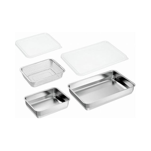 日本製 燕三条 [ユニット角型バット&ザル] バット1/2・1/1各蓋付&ザル1/2×1個(代引不可)【送料無料】