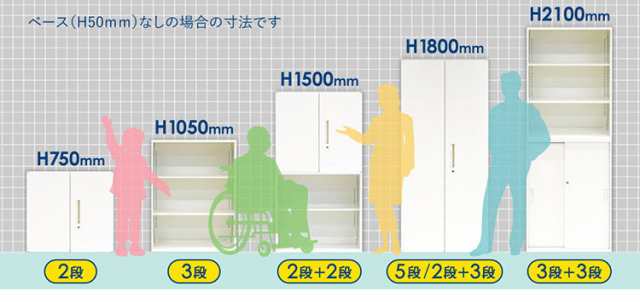 両開き書庫 2段 キャビネット 高さ75cm 鍵付き シリンダー錠 オフィス