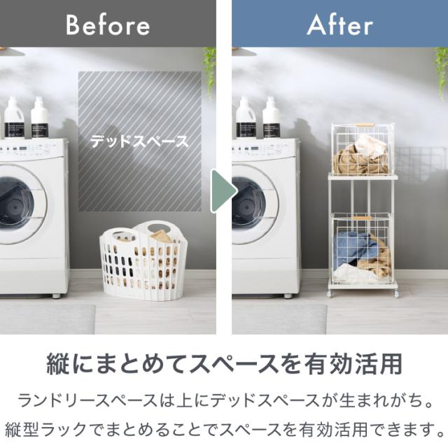 ランドリーバスケット 2段 木取っ手 角型 ランドリーワゴン 洗濯かご キャスター付き スリム スクエアタイプ ランドリーラック ランドリーボックス ワイヤーバスケット バスケット ランド_2