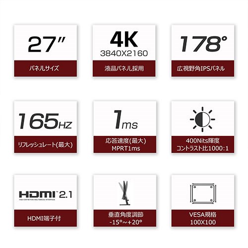WIS 27インチ ゲーミングモニター 4Kパネル 応答速度MPRT 1ms リフレッシュレート165Hz マルチウインドウ機能 27U165JPW(代引不可)【送料無料】
