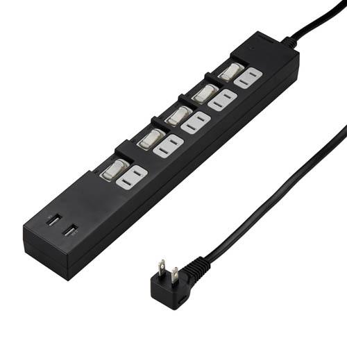 5個セット YAZAWA 個別スイッチ付5AC2USB3.4A2mブラック