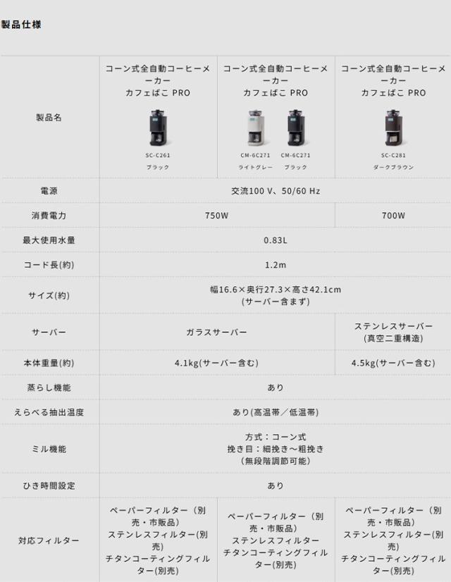 シロカ siroca コーン式全自動コーヒーメーカー カフェばこPRO SC-C281 ミル付 ステンレスサーバー 調節 保温 デカフェ 自動計量 給水タンク コンパクト【送料無料】_13
