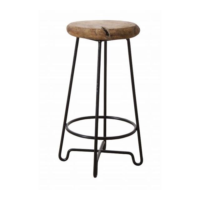 ラウンドハイスツール 幅40×奥行40×高さ65 天然木 チーク オイル仕上 アイアン(代引不可)【送料無料】