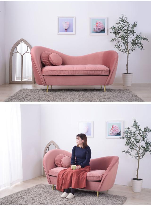 ソファ ソファー 2人掛け 2人掛けソファー アーム付き 幅162cm ファブリック 布地 ベロア生地 クッション付き かわいい 高級感 上品 おしゃれ ピンク グレー(代引不可)【送料無料】の通販は