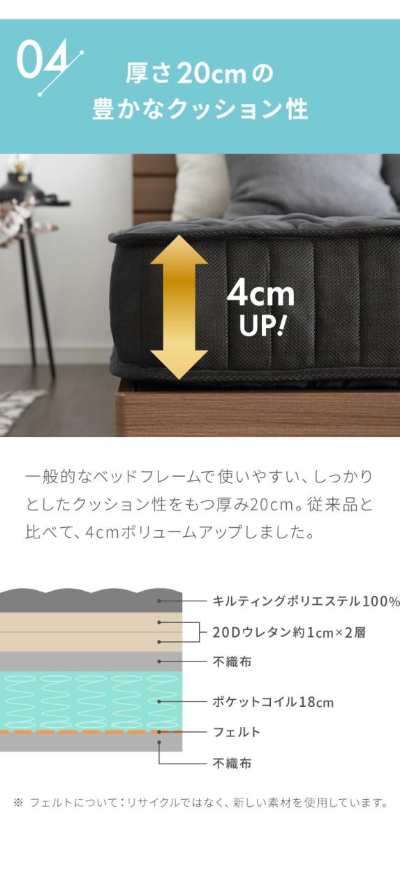ポケットコイル マットレス セミシングル 厚さ20cm 体圧分散 通気性 ベッド ポケットコイルマットレス 硬め スプリングマットレス コイルマットレス 敷き布団 送料無料_10