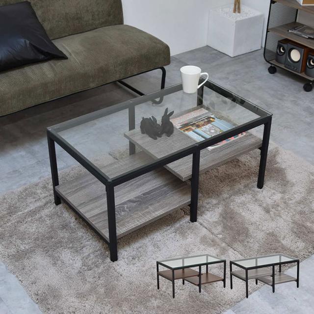 ガラスセンターテーブル Exie強化ガラス×収納棚付きシンプルデザイン