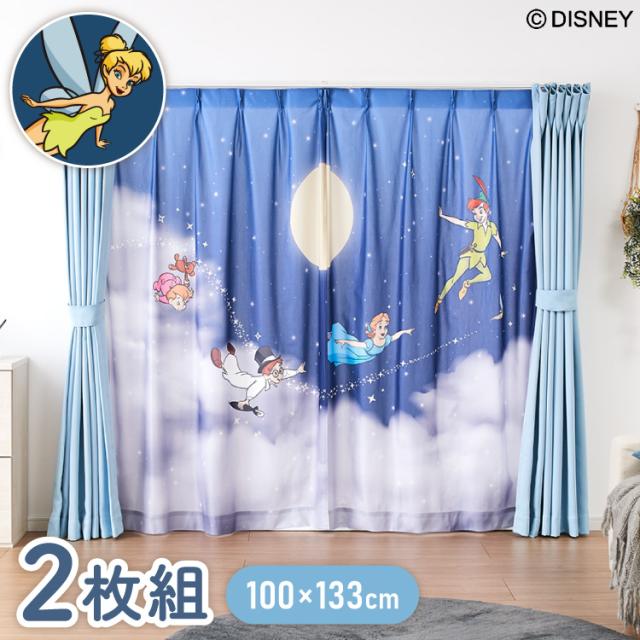 ピーターパン絵羽レースカーテン 2枚組 100×133cm UVカット 洗える 洗濯 プライバシー 目隠し フック付き カーテン 紫外線 おしゃれ かわいい ディズニー ピーターパン ティンカーベル ウェンの通販は