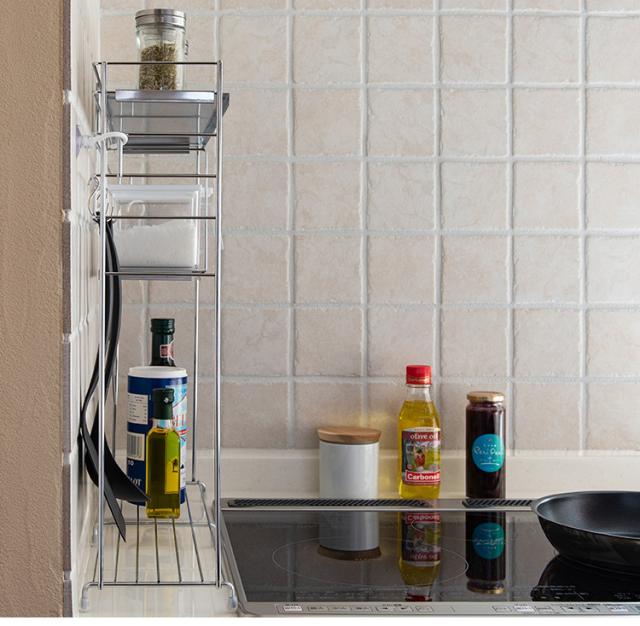 日本製 燕三条 コンロ横ラック 3段 シルバー スパイスラック 調味料