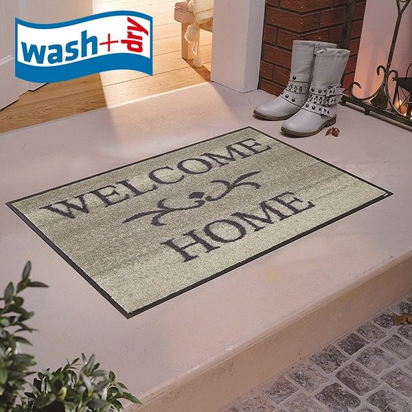 ウェルカムホームマット wash+dry A003A Welcome Home beige 50×75cm 玄関マット 柄物 おしゃれ ベージュ 滑り止めラバーつき(代引不可)【送料無料】