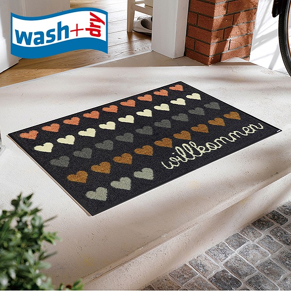 玄関マット wash+dry A039A Willkommen Herzen 50x75cm 柄物 おしゃれ 滑り止めラバーつき(代引不可)【送料無料】