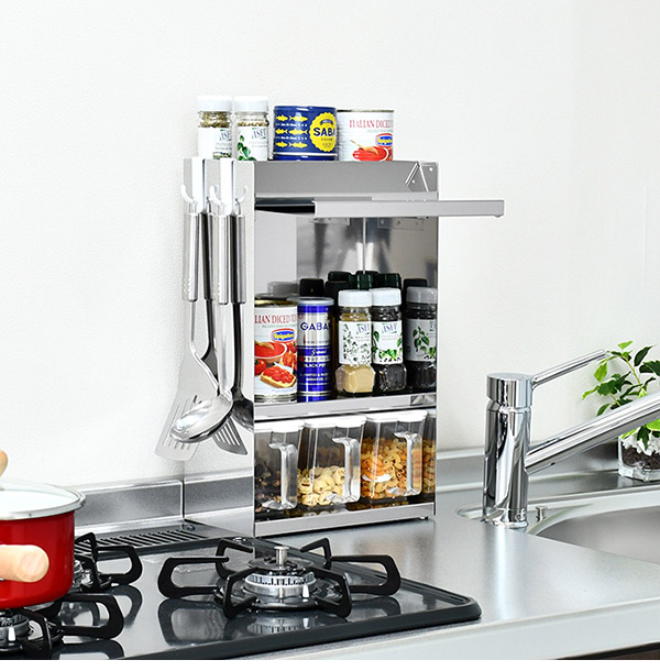 日本製 燕三条 フラップ扉のステンレススパイスラック ポット3 調味料