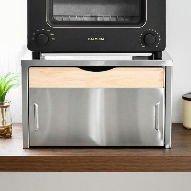 日本製 燕三条 ウッドとステンレスのブレッドケース 外せる木製トレー付き 頑丈 奥行28 トースターラック ブレッドケース 前開き 扉 キッチン収納 ブレッドボックス 食パン ジャム コーヒー 収納(代引不可)【送料無料】_5