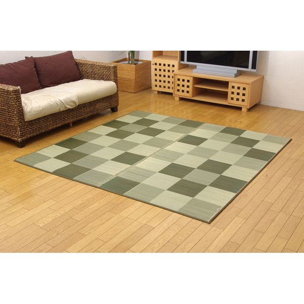 純国産 い草ラグカーペット 『Fブロック2』 グリーン 約191×191cm（裏：ウレタン）（代引不可）