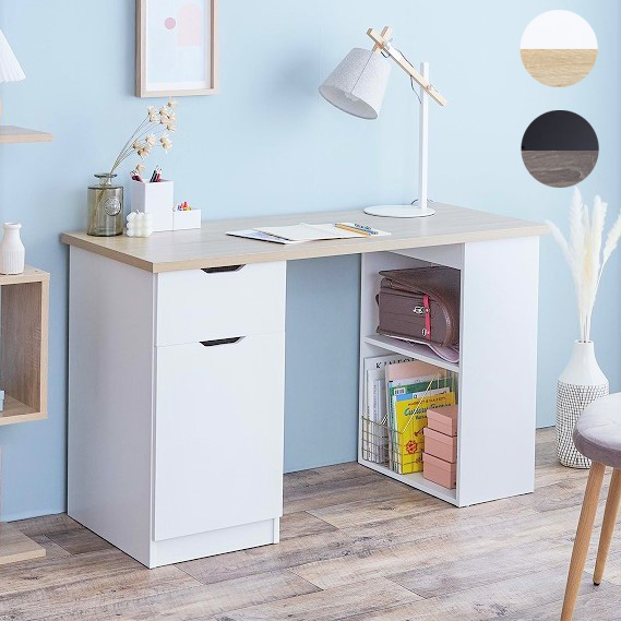 収納付きデスク 幅120cm 大容量収納 広々天板スペース A4サイズ 書類 本棚 書棚 シェルフ 引き出し ラック ツートン 木製 ナチュラル かわいい 可愛い 韓国インテリア おしゃれ(代引不可)【送料無料】の通販は