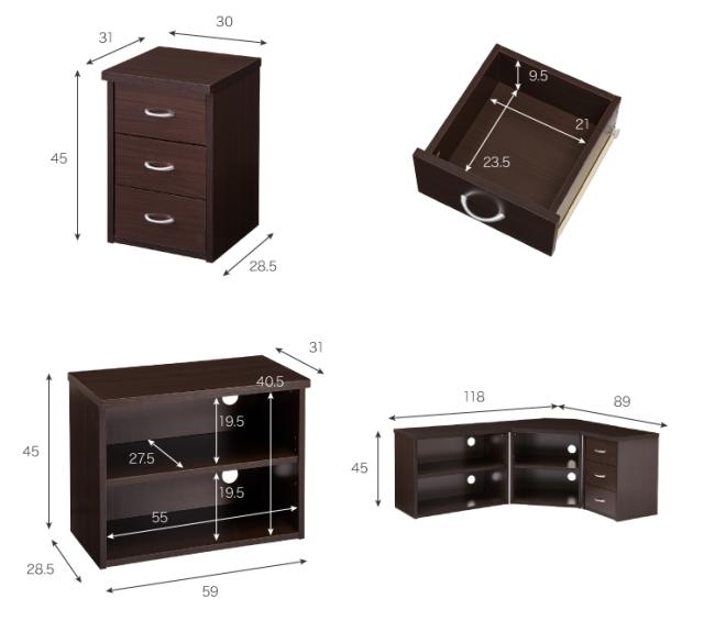 コーナーテレビ台3点セット 高さ45cm コーナー 収納 引出し 角置き