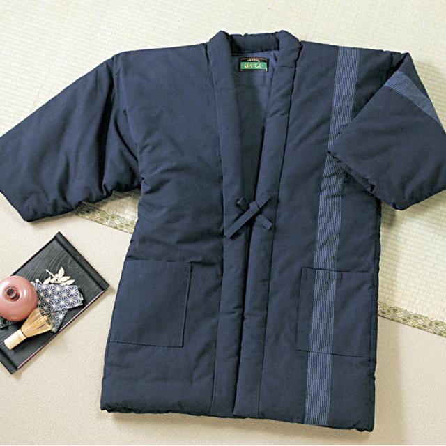 日本製 半天 紳士用 久留米織 はんてん フリーサイズ ロング 紺 M~LL 部屋着 ルームウェア 表地綿100% 中綿入り メンズ(代引不可)【送料 6,022円