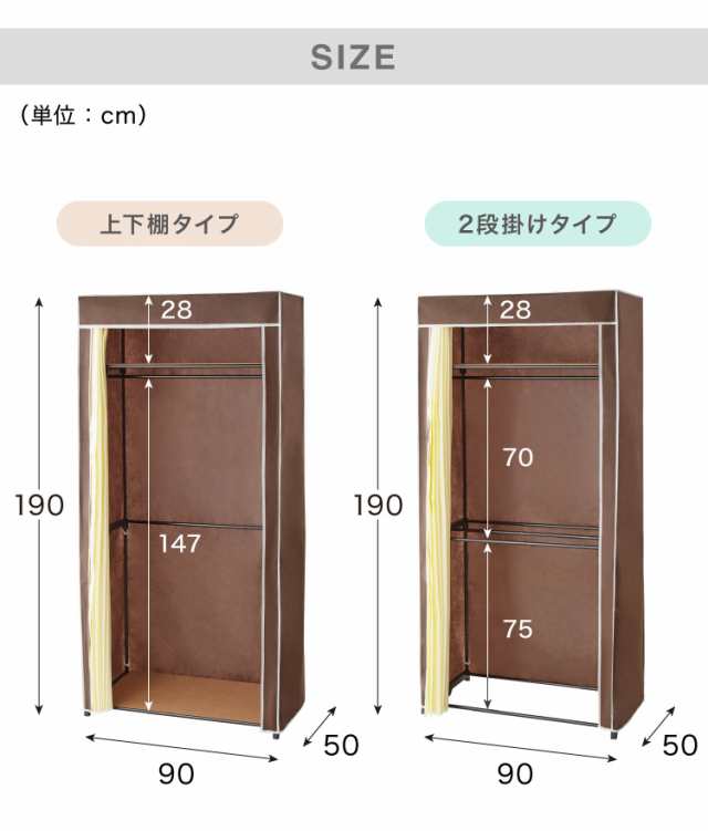 選べるカバー付きクローゼットハンガー 幅90cm 上下棚付き 2段掛け