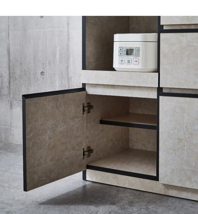 日本製 キッチンカウンター 大理石調 完成品 幅120 間仕切り 引き出し 扉収納 スライド棚 コード穴 ストーン柄 モダン モノトーン キッチン収納 国産 おしゃれ(代引不可)【送料無料】
