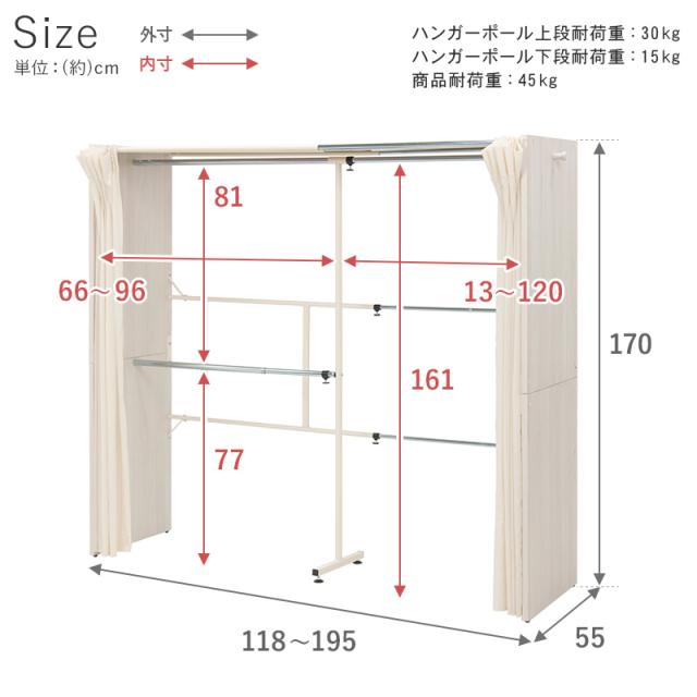 伸縮 クローゼット 幅118~195 ハンガーラック ワードローブ 大容量 省